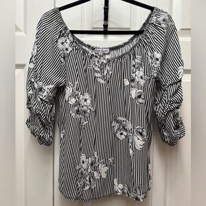 Love Tree Black and White Striped Floral Blouse